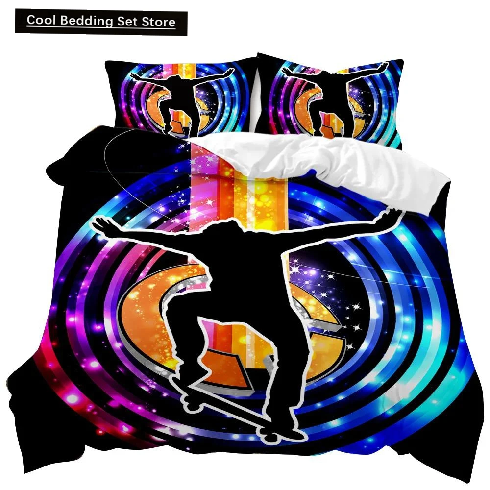 Skateboard Duvet Cover Set Hip Hop Style Bedding Set Colorful Rainbow Tie-Dye Hippie Abstract Graffiti Art Polyester Qulit Cover