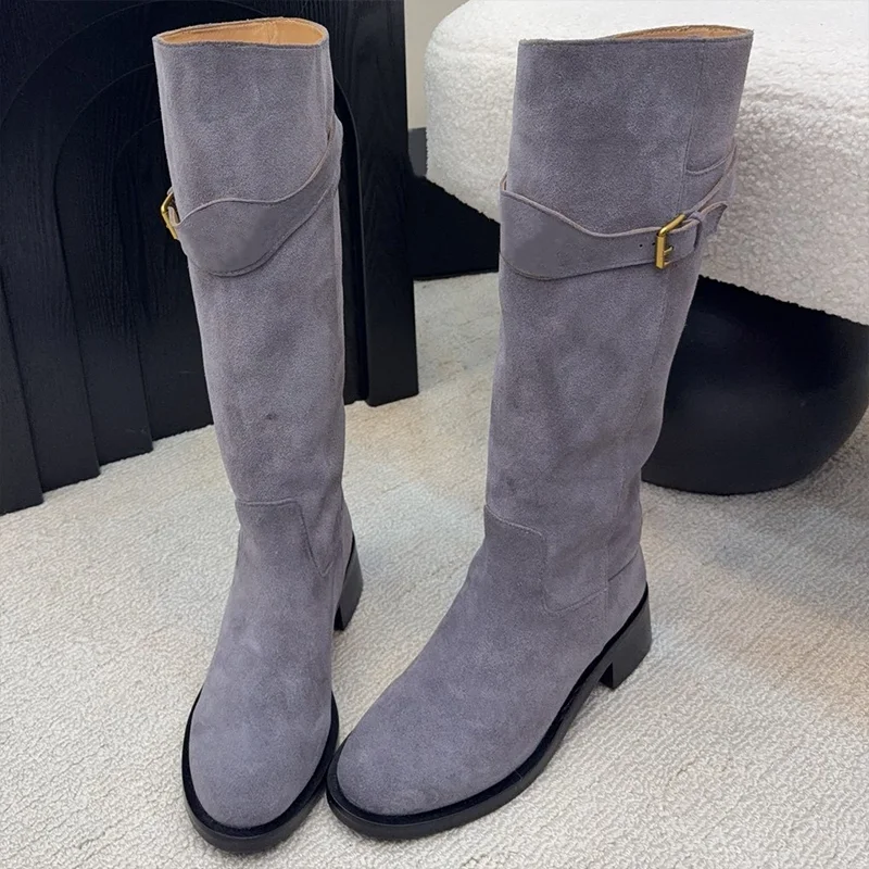 

High quality Goshing silk suede 2025 Autumn New Style Women's Knee Length Boots with Fashionable Hardware Buckles 24022172