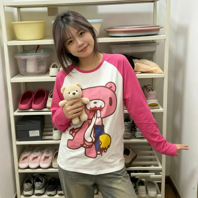 Japanese Style High Street Y2K Cute T Shirt Women O-Neck Long Sleeve Cartoon Bear Loose Top Subculture Sweet Print Tee Jirai Kei