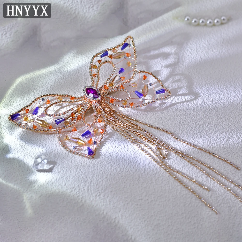 HNYYX Crystal Beaded Hair Clip Rhinestone Tassel Hairclips Gold Color Butterfly Hair Pins Fashion Hair Accessories for Women A65