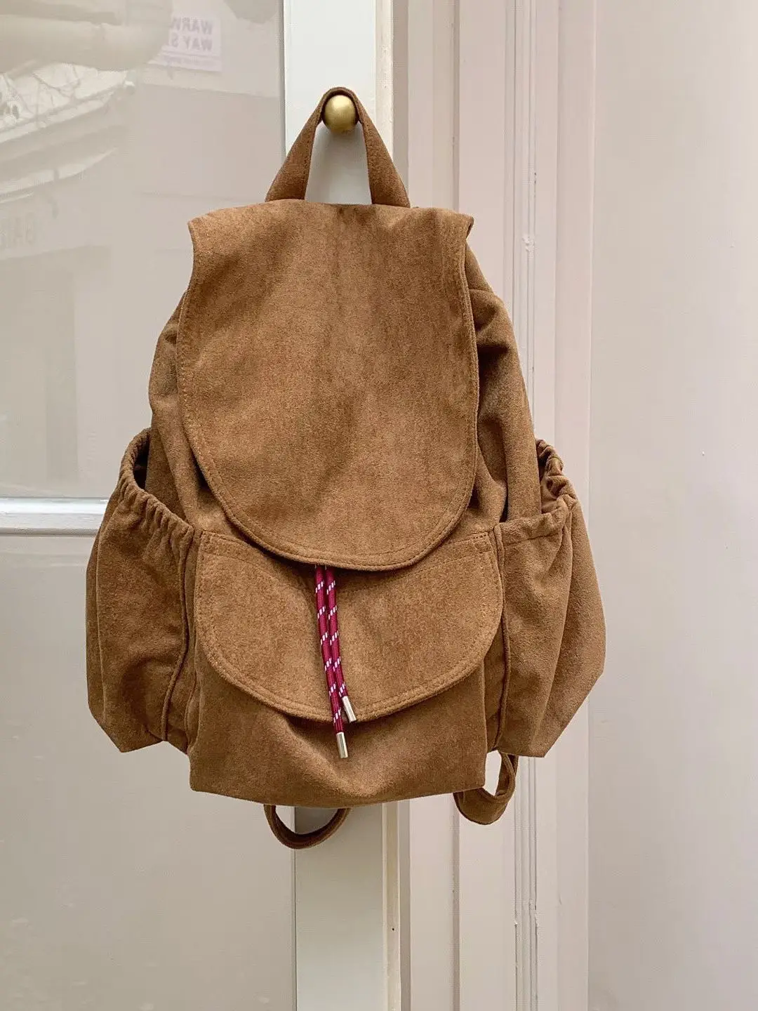 

Retro Flocking Cloth Drawstring Backpack Women's Autumn Winter Large Capacity Lightweight Casual Double Shoulder Bag Trendy Cool