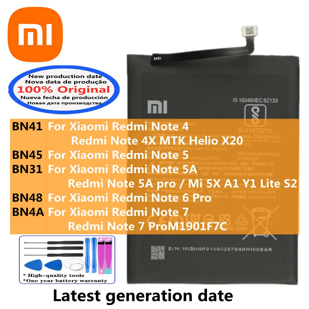 

2025 Years Original Battery BN4A BN45 BN31 BN41 BN48 For Mi 5X A1 Y1 Lite S2 Xiaomi Redmi Note 7 7pro 6 Pro 5 5A 5Apro 4 4X
