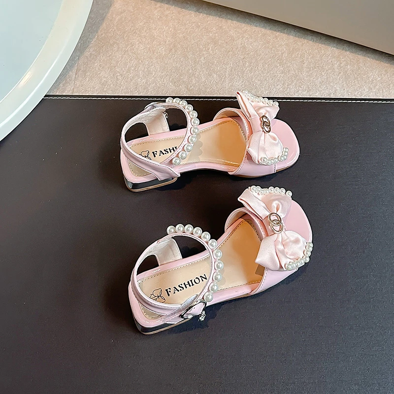 Children\'s Fashion Sandals Pink Fish Mouth Soft Bottom Bow Princess Shoes Summer New Beige Pearl Kids Single Shoes Sandals