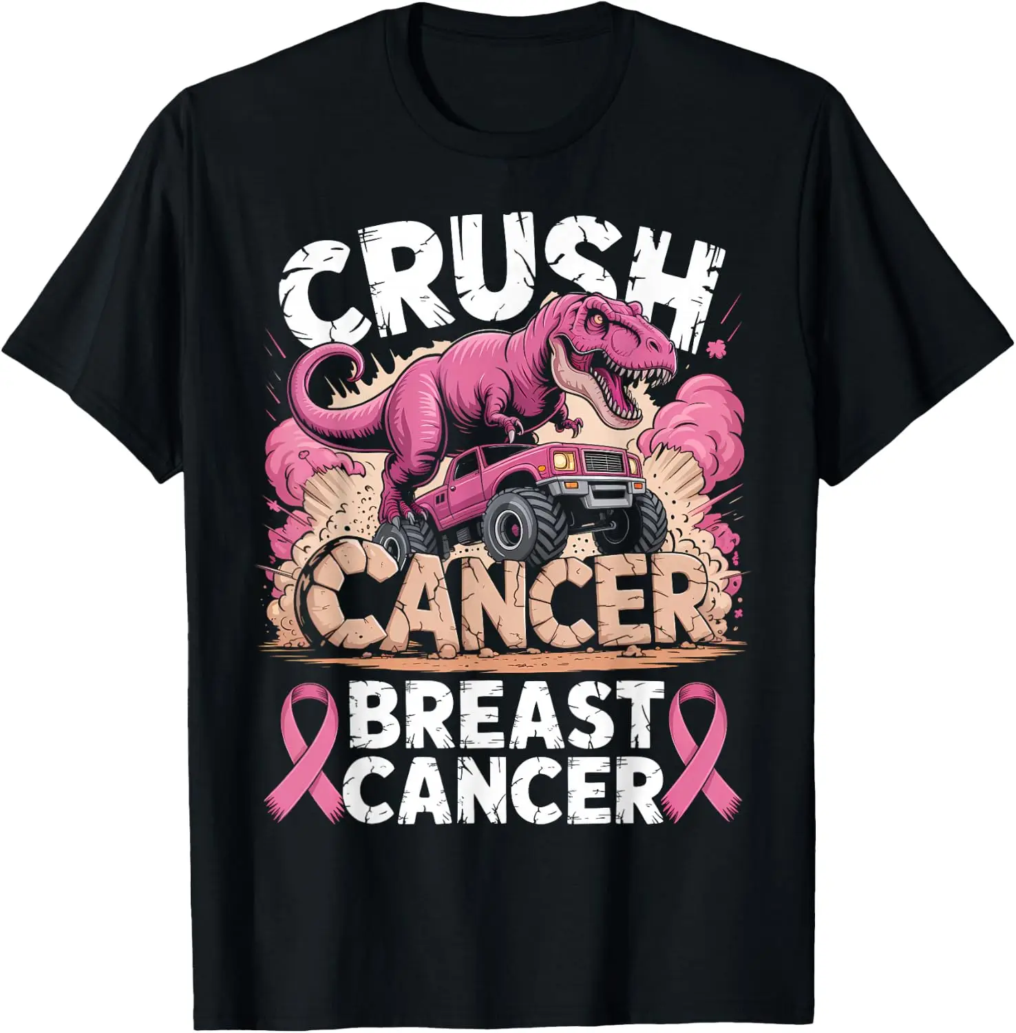Crush Breast Cancer Awareness Monster Truck Toddler Boy Kids T-Shirt Men Women Unisex Novelty Graphic T‑Shirt, Classic Crew Neck 100% Cotton Tee, Lightweight Anti‑Pilling Breathable Casual Tops, Year‑Round Daily Outfit, Holiday Birthday Present Tee