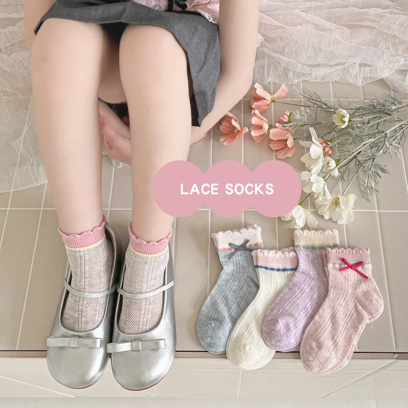 

4/8 Pairs Bows Kids Girls Lace Socks Lovely Trendy Cotton Solid Koren-style Anti-pilling Sweet Princess Socks for Child Girls