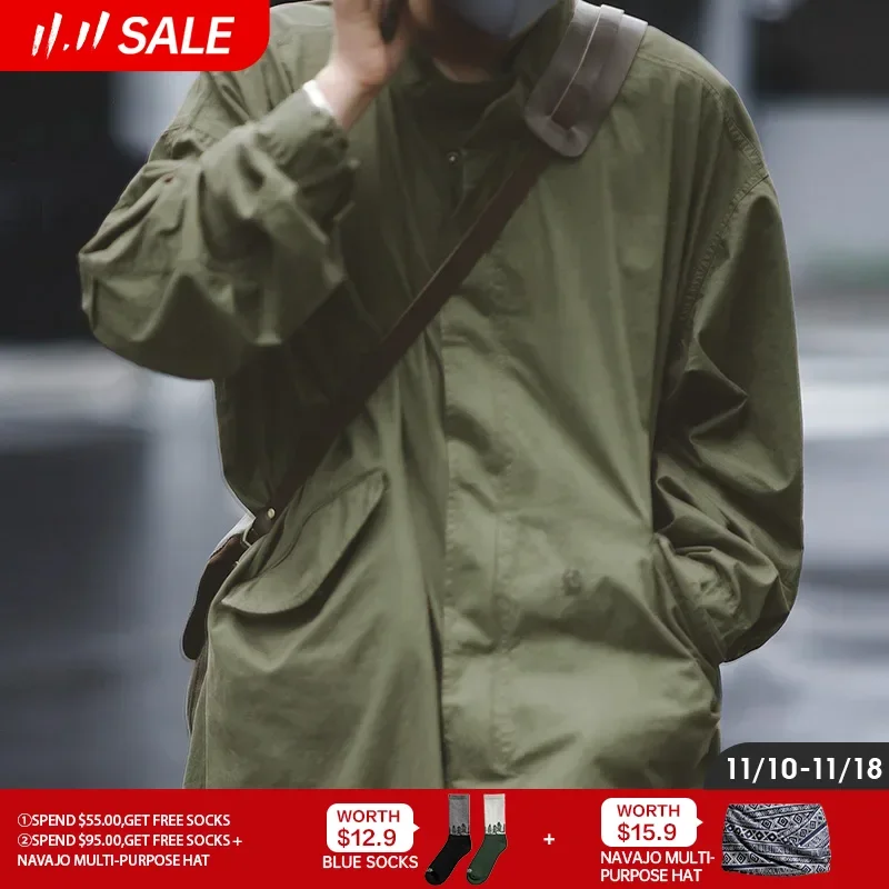 

Maden Men's Vintage M51 Fishtail Green And Camel Trench Coat Woven Waist Rope Mid-length Oversized Loose Coat for Men