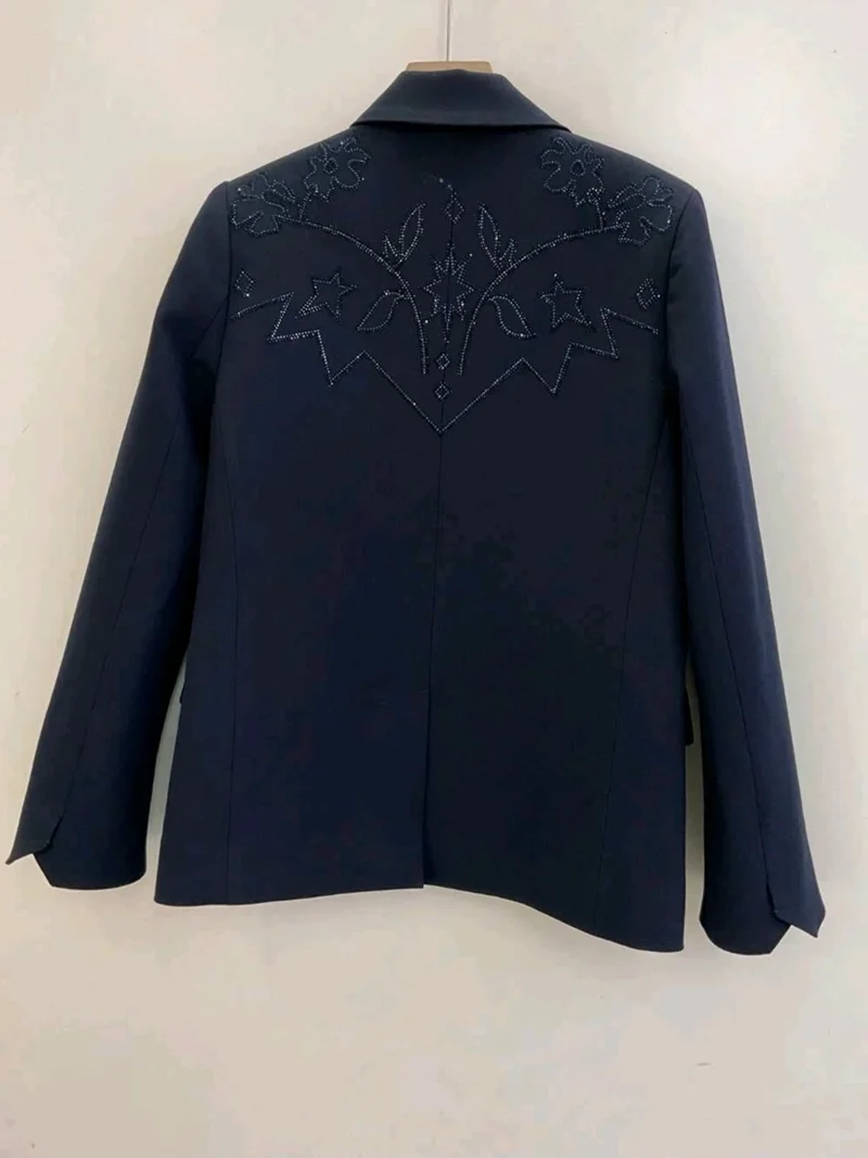 Suit jacket for women in autumn 2025 fashionable and casual high-quality back with floral rhinestones deep blue jacket jacket