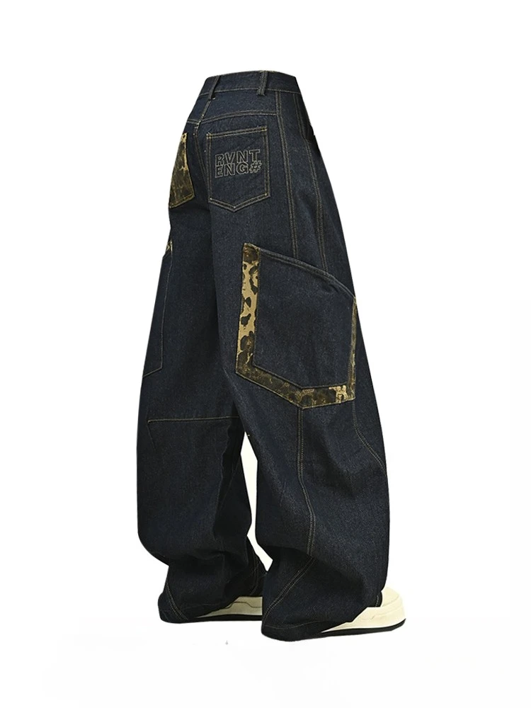 

American style retro personalized leopard print spliced curved knife jeans women spring autumn new loose wide leg pants