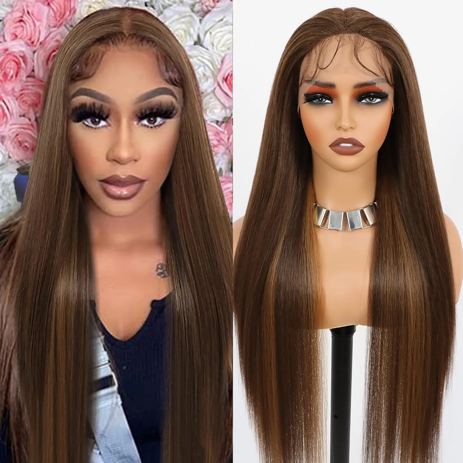 

Прямой парик из натуральных волос, шоколадно-коричневый, 30-40 дюймов, с HD-кружевной фронтальной частью 13x6 и прозрачной кружевной фронтальной частью 13x4, для женщин, плотность 220%