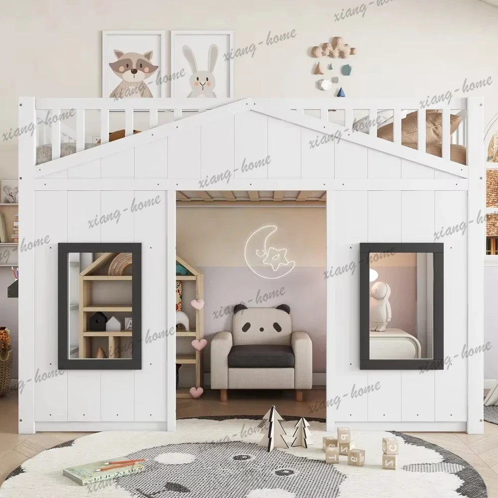 PG Kids Bunk Bed with Secret Base Treehouse Design Loft Bed for Girls Solid Wood Princess Playhouse Bed Fun Children's Furniture