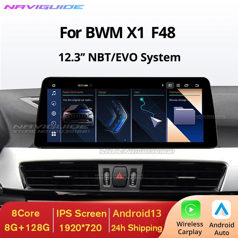 NAVIGUIDE Carplay Car Radio Android 13 For BMW X1 F48 X2 F49 2016-2018 NBT EVO 8+128G GPS Multimedia Video Player 4G WiFi BT