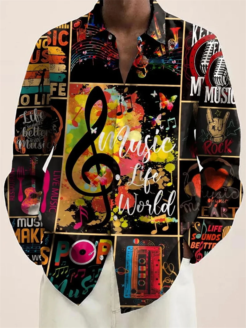 Men's Music 3D Note Print Long Sleeve Shirt Fashion Musical Carnival Fashion Hip Pop Tops Men Women Spring Autumn Lapel Blouse