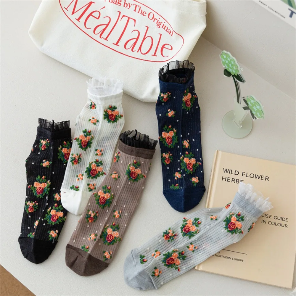 Floral Element Crystal Silk Socks Ultra-thin Anti-Friction Foot Floral Embroidery Socks Breathable Sweat Absorbing