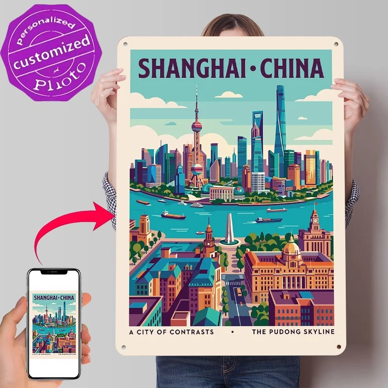 Shanghai Skyline Vintage Metallposter Maßgefertigte Wandkunst Retro Vintage Blechschilder für Dekorationszwecke Schlafzimmerdekoration