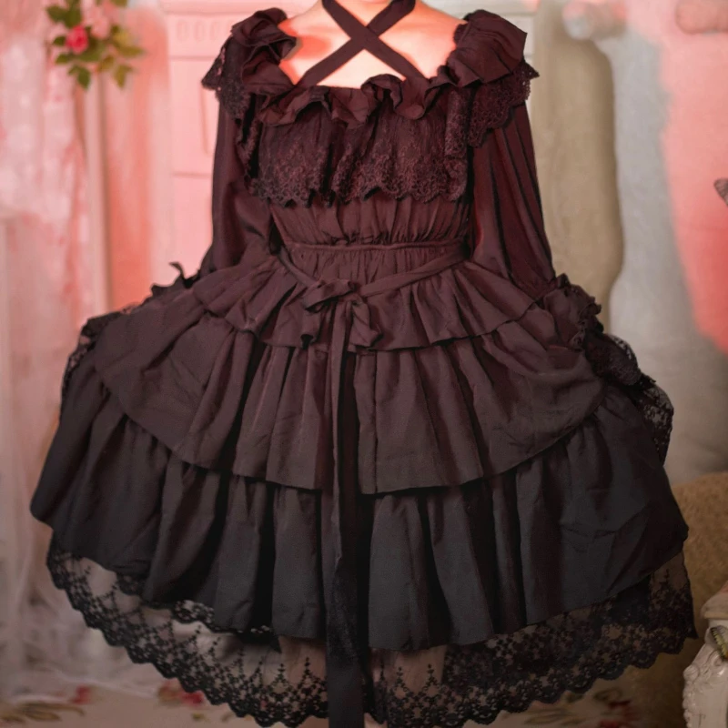 Japanese Gothic Lolita OP Dress Women Kawaii Cute Lace Ruffles Pagoda Long Sleeve Party Mini Dresses Harajuku Y2k Princess Dress