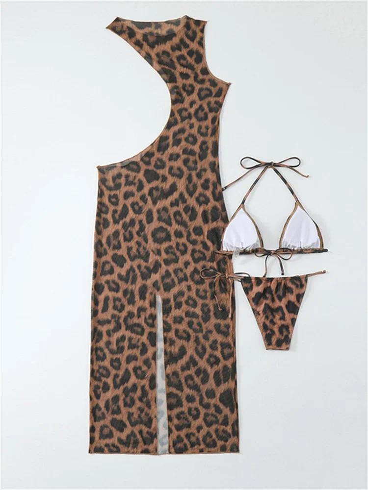 Sexy Brown Leopard Print Bikini 2024 Mujer Sleeveless Cover Up 3 Piece Swimsuit Summer Holiday Bathing Suit Thong Dress Swimwear