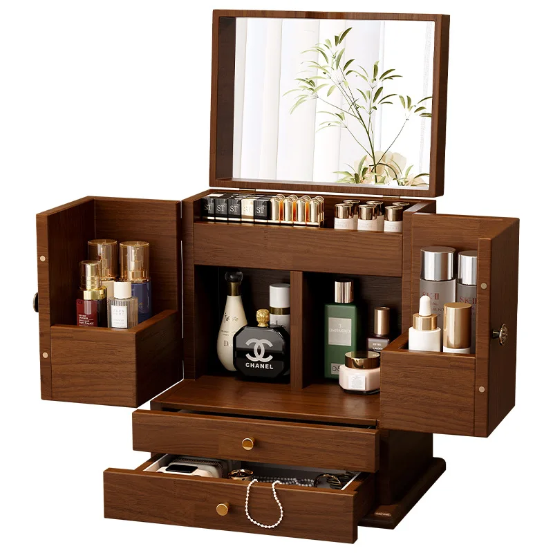 

Solid wood cosmetics storage box desktop high-end sense large-capacity skin care products jewelry box integrated with mirror sto