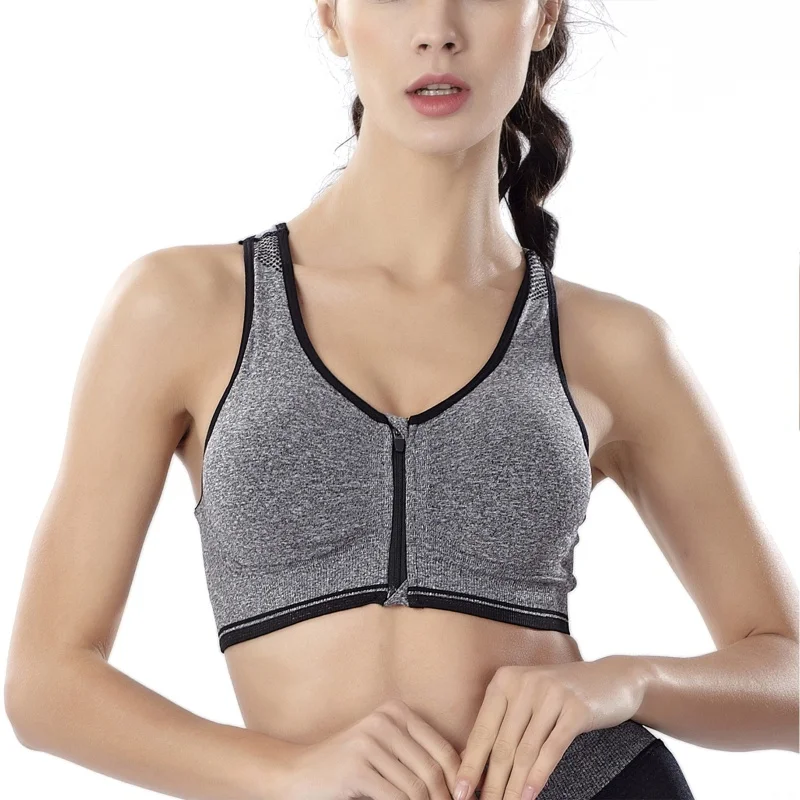 Fitness Gym Workout Yoga Breathable Underwear Women's Front Zipper Wirefree Padded Push Up Sports Top