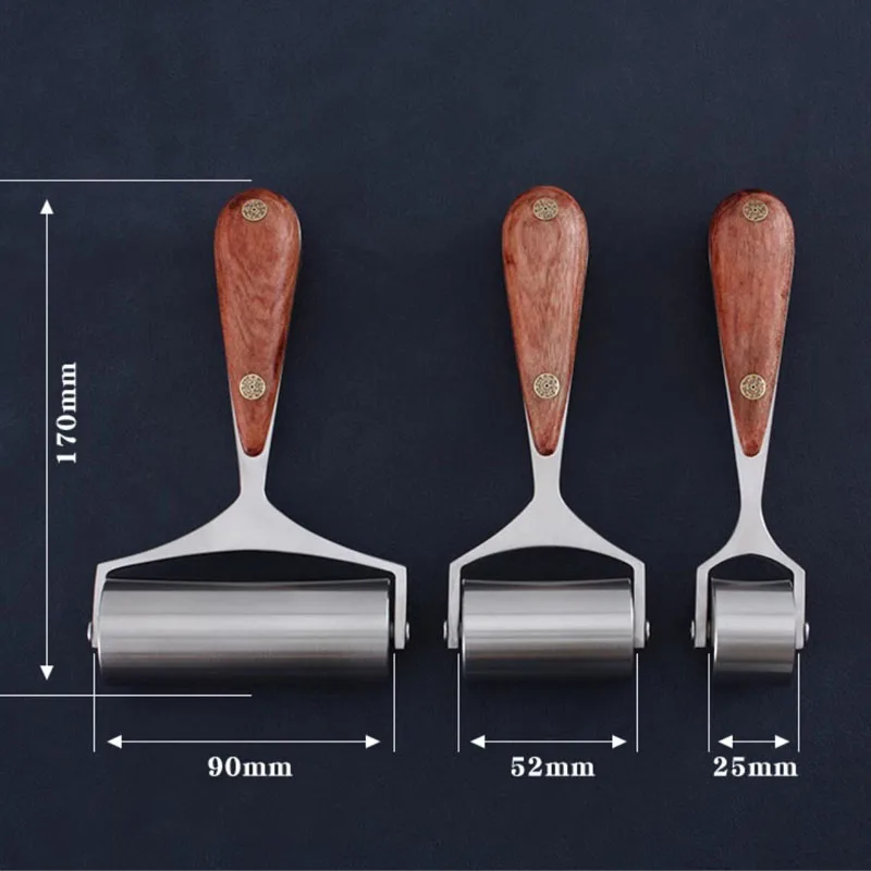 DIY handmade leather craft glue wheel with mahogany handle 25MM/52MM/90MM leather edge roller 304 stainless steel