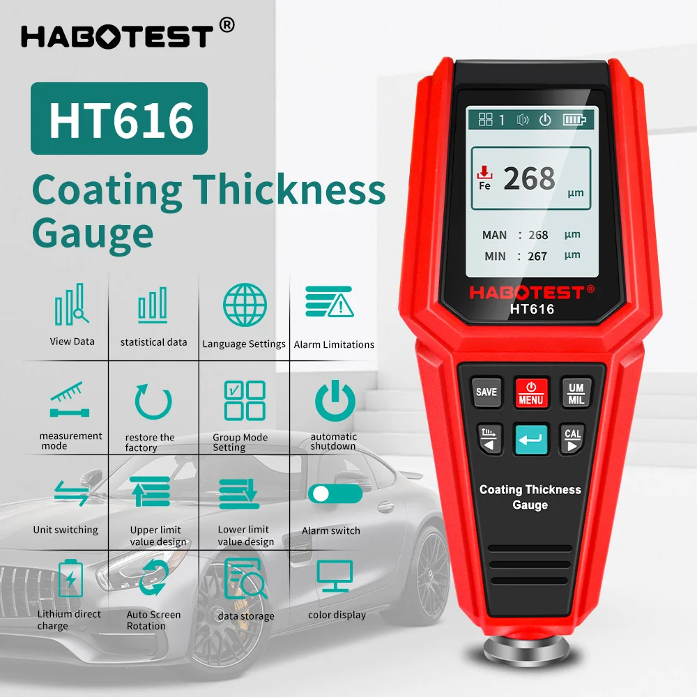 HABOTEST Coating Thickness Gauge 0.1micron/0-1500 Car Paint Film Thickness Tester Measuring FE/NFE Russian Manual Paint Tool