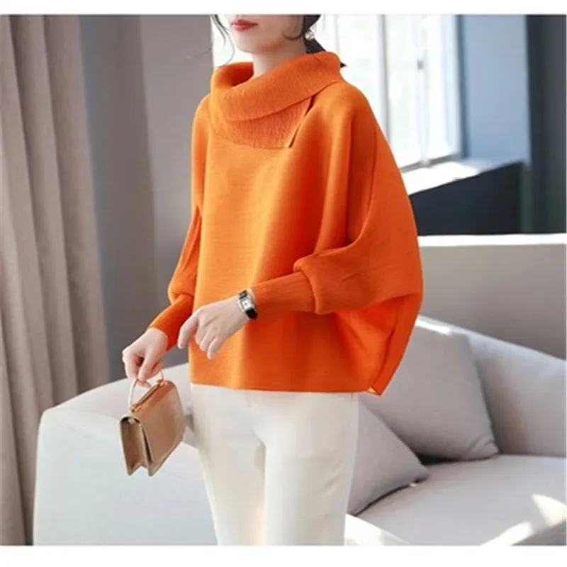 Miyake Folds Fashion Temperament Lapel Bat Sleeve Solid Color Shirt Loose and Thin Western Style All-match Age Reduction Female