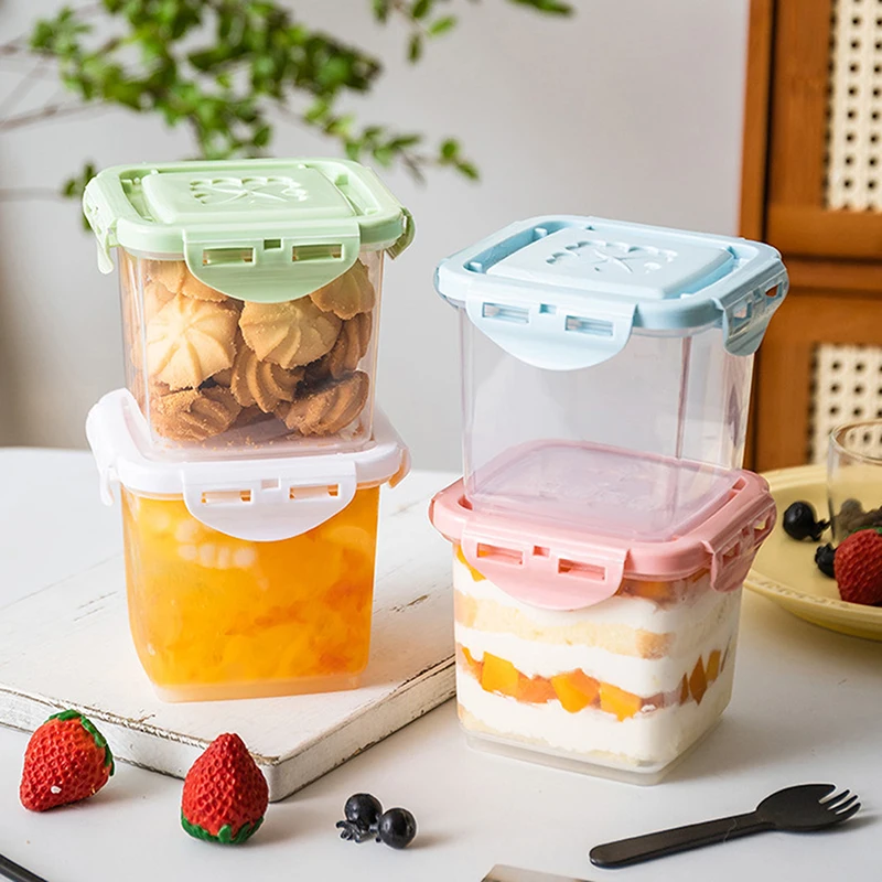 1 PC โปร่งใสสแควร์เค้กคอนเทนเนอร์ไอศกรีมปิดผนึก Jar พร้อมฝาปิดนํากลับมาใช้ใหม่กล่องขนมตู้เย็นผักผลไม้สดกล่อง