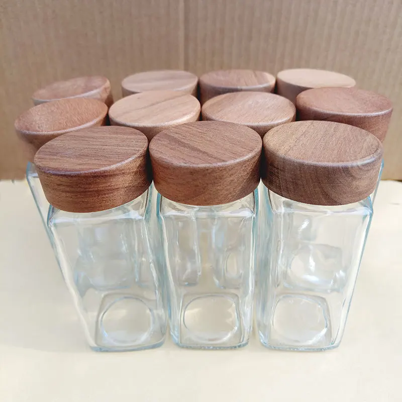 

120ML/180ML Acacia Wood Lid Glass Pantry Organizer Bottled Shape Food Container Spice Jar Set for Kitchen Use