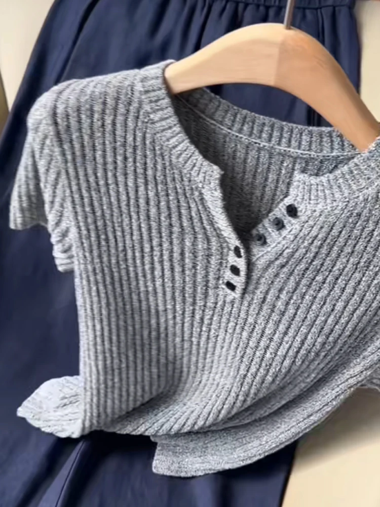 Koreaanse Sle Ice Silk gebreide top en Sve Casual Design Hoodie Summer Faion Anti Aging Quali Regular Fit woon-werkkleding