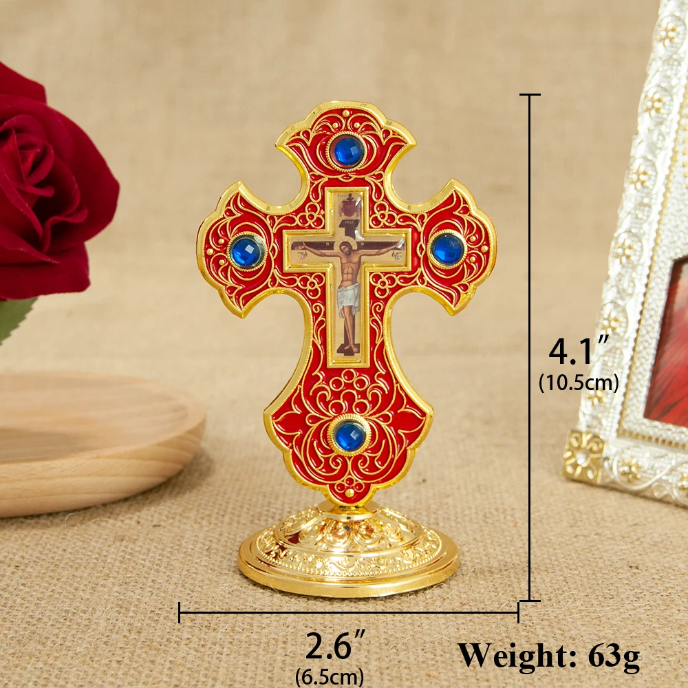 HTISOK Ostorthodoxes Kreuz Jesus-Kruzifix Christliches Standkreuz mit Sockel für Kirchen- und Heimdekoration Religiöse Artikel – Detail 3