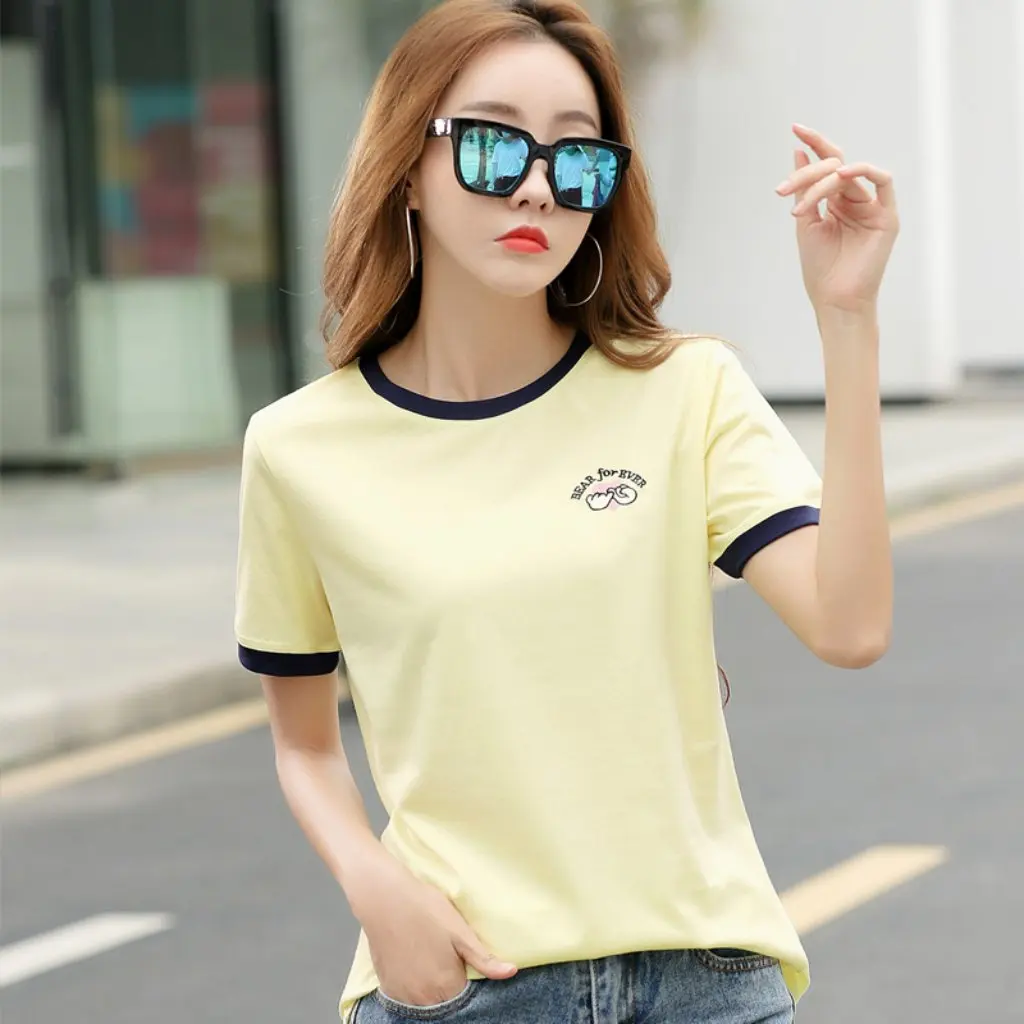 

Women's Summer Trendy Color-Block T-Shirt Short Sleeve Embroidered Patchwork round Neck Loose Fit Korean Style Fashion Top