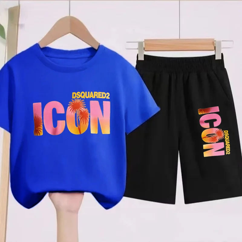 

Italian new Letter Printed T-Shirt Black Kids Boys and Girls Clothing T-Shirt+Shorts Set Round Neck Summer Short Sleeved Shirt
