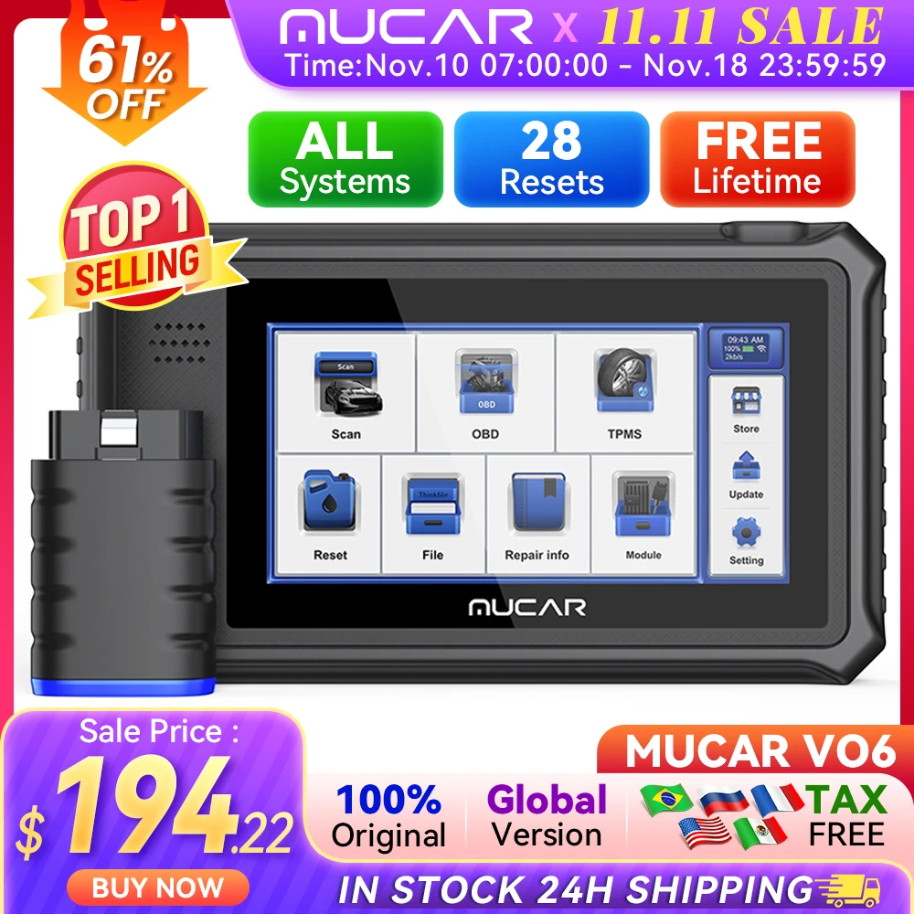 THINKCAR MUCAR VO6 Professional Car Diagnostic Tools All System 28 Resets Life Free Auto Obd2 Scanner Code Reader Key Programing