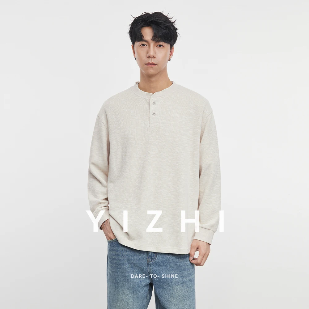 Fashion Men's Old Money Style Henley Collar Loose T-Shirt 2025 Autumn and Winter New Long Sleeve Top Sweatshirt Men's Pullover