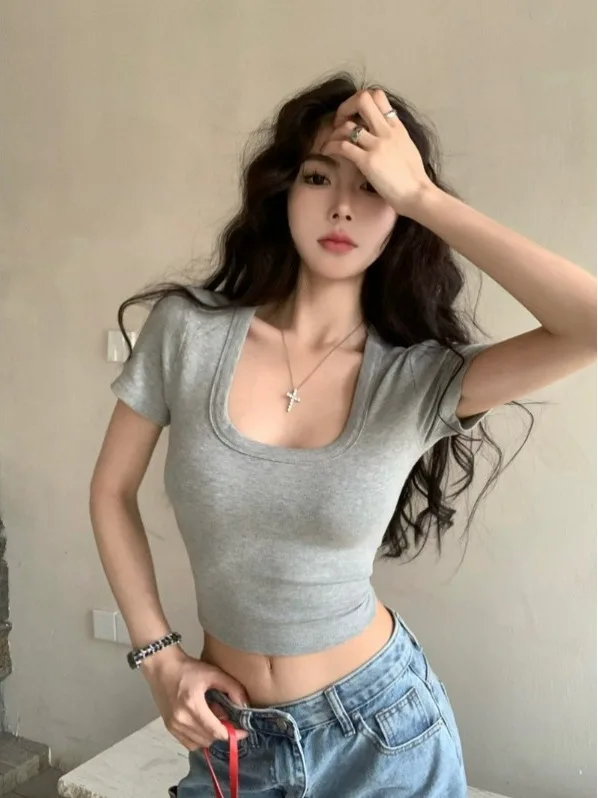 American Style Short Sleeve T-Shirt Women Summer Sexy Low U-Neck Slimming Short Top High Waist Belly Button Baring Casual Pur...