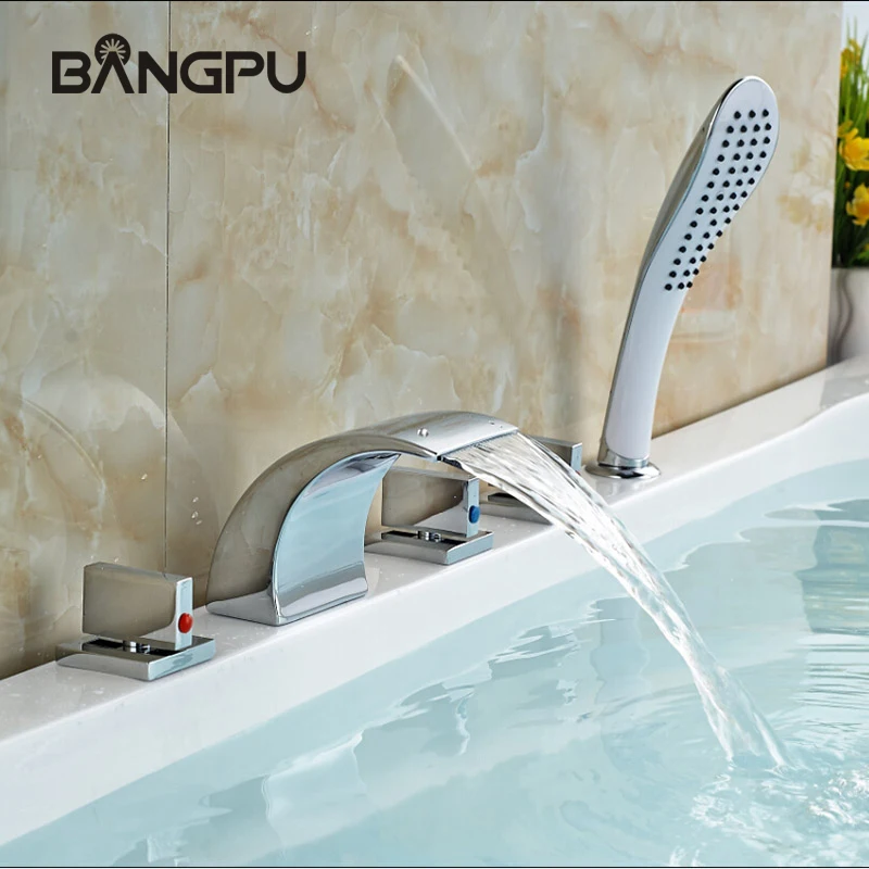 

Waterfall Tub Faucet Set with Hand Shower Deck Mount 5 Hole Bathtub Faucet Set Roman Bath Tub Faucet with Handheld Shower Chrome