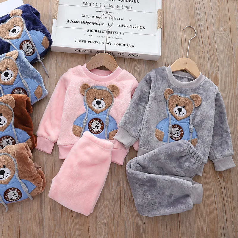 Children\'s Pajama Set 2024 New Girl\'s Autumn/Winter Cartoon Bear Warm Pajama Set Boys\' Home Clothes 2-piece Set 0-5 years old