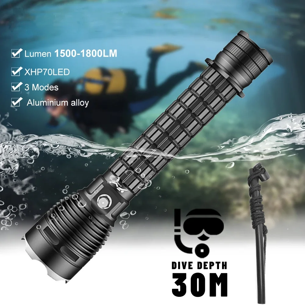 Luz LED de buceo XHP70, linterna subacuática de 30M, 1500-1800LM, 200M de alcance, interruptor de presión, IPX8, lámpara impermeable para buceo, natación al aire libre