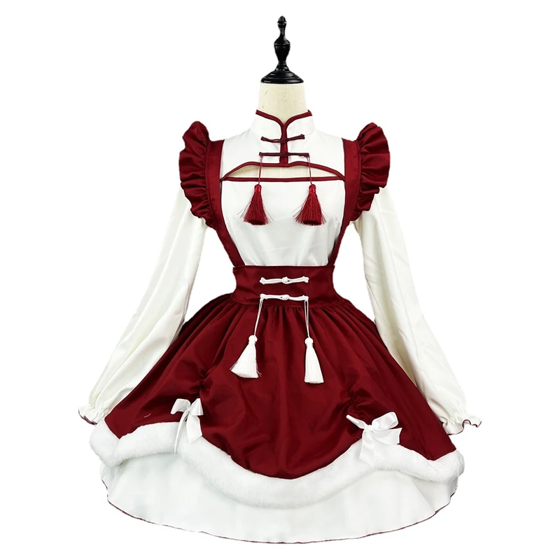 

Wine Red and Off White Lolita Attire Stand Collar Buckle Long Sleeve Dress and Apron Suit Japanese Anime Maid Cosplay Costume