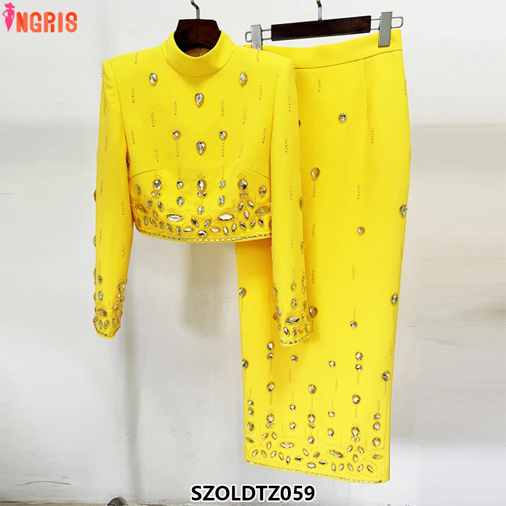 

Fashion new women's casual two-piece skirt suit beaded diamond short top long skirt-SZOLDTZ059