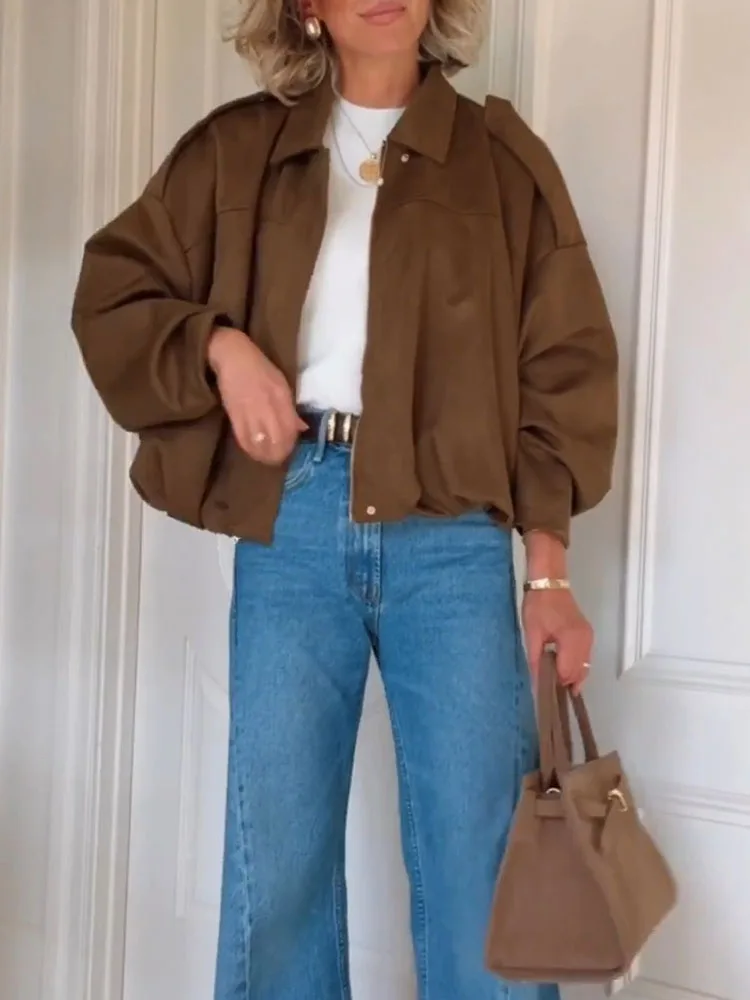 Cappotto autunno inverno in pelle scamosciata con maniche a pipistrello Giacca da donna con cerniera con risvolto Design tinta unita Capispalla ampio a maniche lunghe per le vacanze retrò