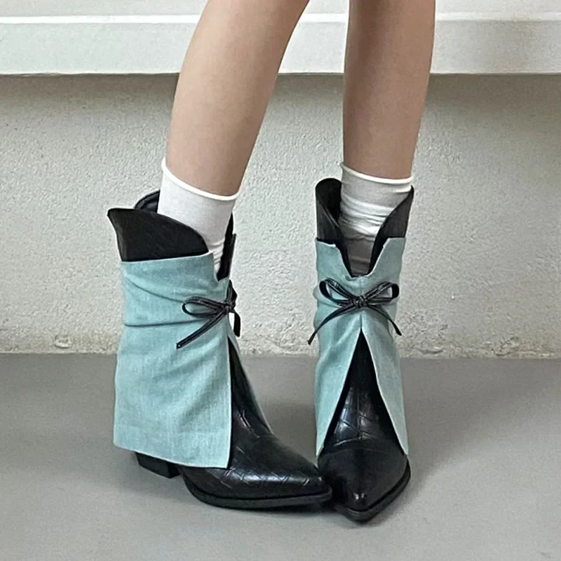 

Female Butterfly-Knot Pointed Toe Ladies Short Boots Heels Shoes Footwear Fashion Denim Women Chelsea Ankle Boots Shoes