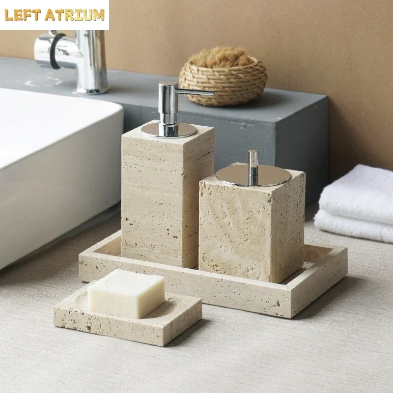 Beige Travertine Bathroom Accessories Set Natural Marble Soap Dispenser Soap Dish Reed Diffuser Vanity Tray Bathroom Set
