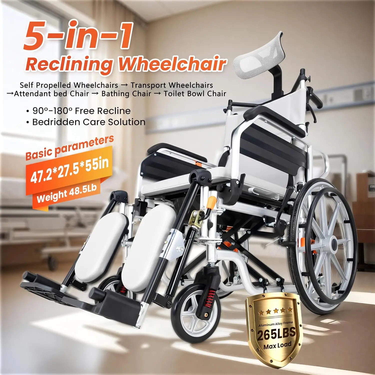 Reclining Wheelchair for Adults, 5-In-1 Fold Transport Wheelchairs for Seniors, Swing-Away Elevating Leg Rests and, Customized
