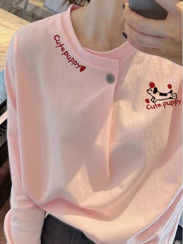 Chic coreano Sle Cartoon Print Pink Or Sve T-shirt rotonda Ne Button Design Piccolo oulder Fit Top casual da donna