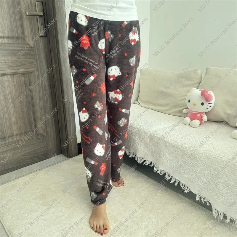 Sanrio Hello Kitty pantalones de pijama dibujos animados Kuromi mujeres felpa Coral terciopelo elástico suave pantalones cómodos niñas pantalones de casa regalos