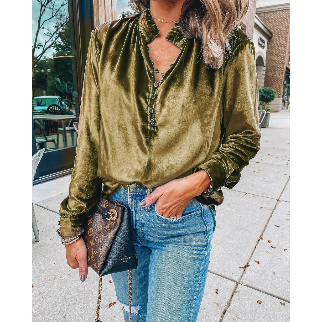 Nowa seksowna bluzka z aksamitu z dekoltem w serek, długi rękaw, luźny krój, idealna na imprezę, jesień-zima 2022, styl INS, dla kobiet.