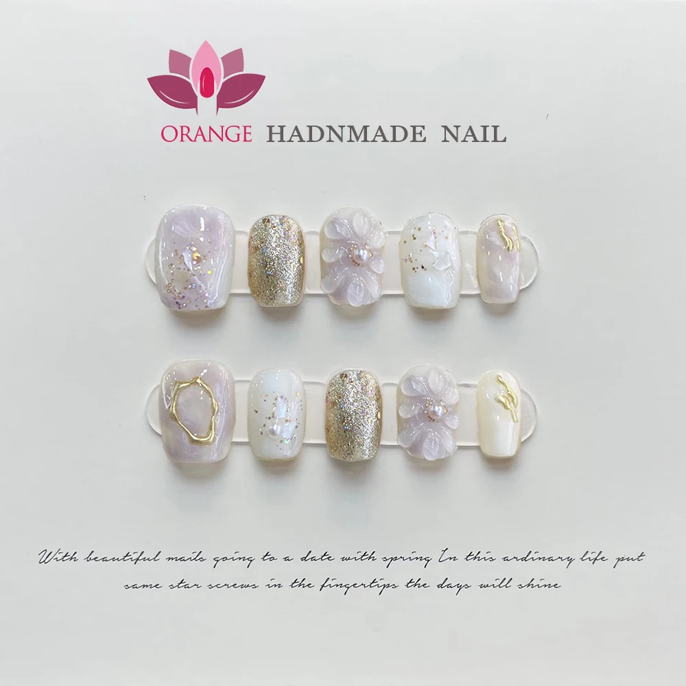 Handmande False Nails Full Cover With Flower Designed Press on Nails Wearable Decorative Artificial Nail Tips Orange Nails Store