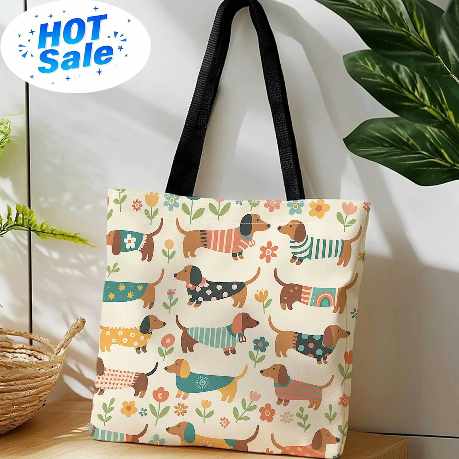 A Shopping Tote Bag with Prints on Both Sides Featuring Dachshunds, Vibrant Patterns, And a Floral Backdrop. This Lightweight, F