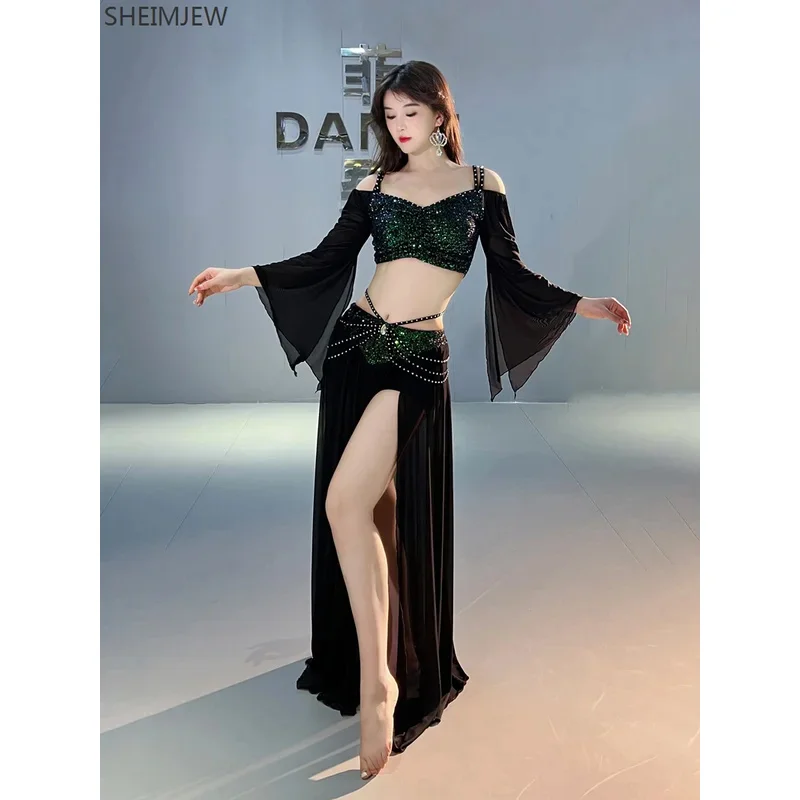 جديد مطرزة شبكة ملابس رقص البطن للنساء طويلة الأكمام أعلى + شاش تنورة طويلة 2 قطعة مجموعة التدريب الرقص الشرقي المرحلة Outfi & J1