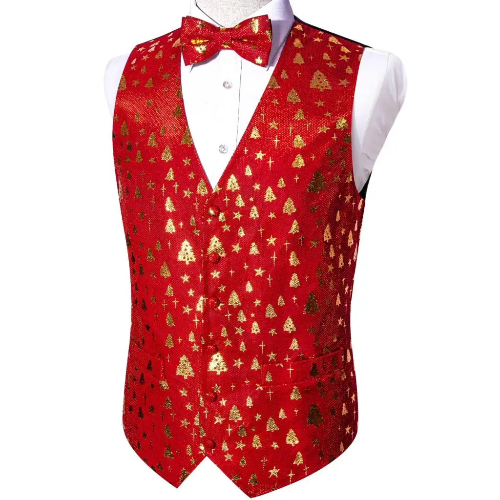 Luxury Vest for Men Silk Red Gold Stars Xmas Christmas Trees Festival Waistcoat Grow Ornament Tie Bowtie Set Party Barry Wang